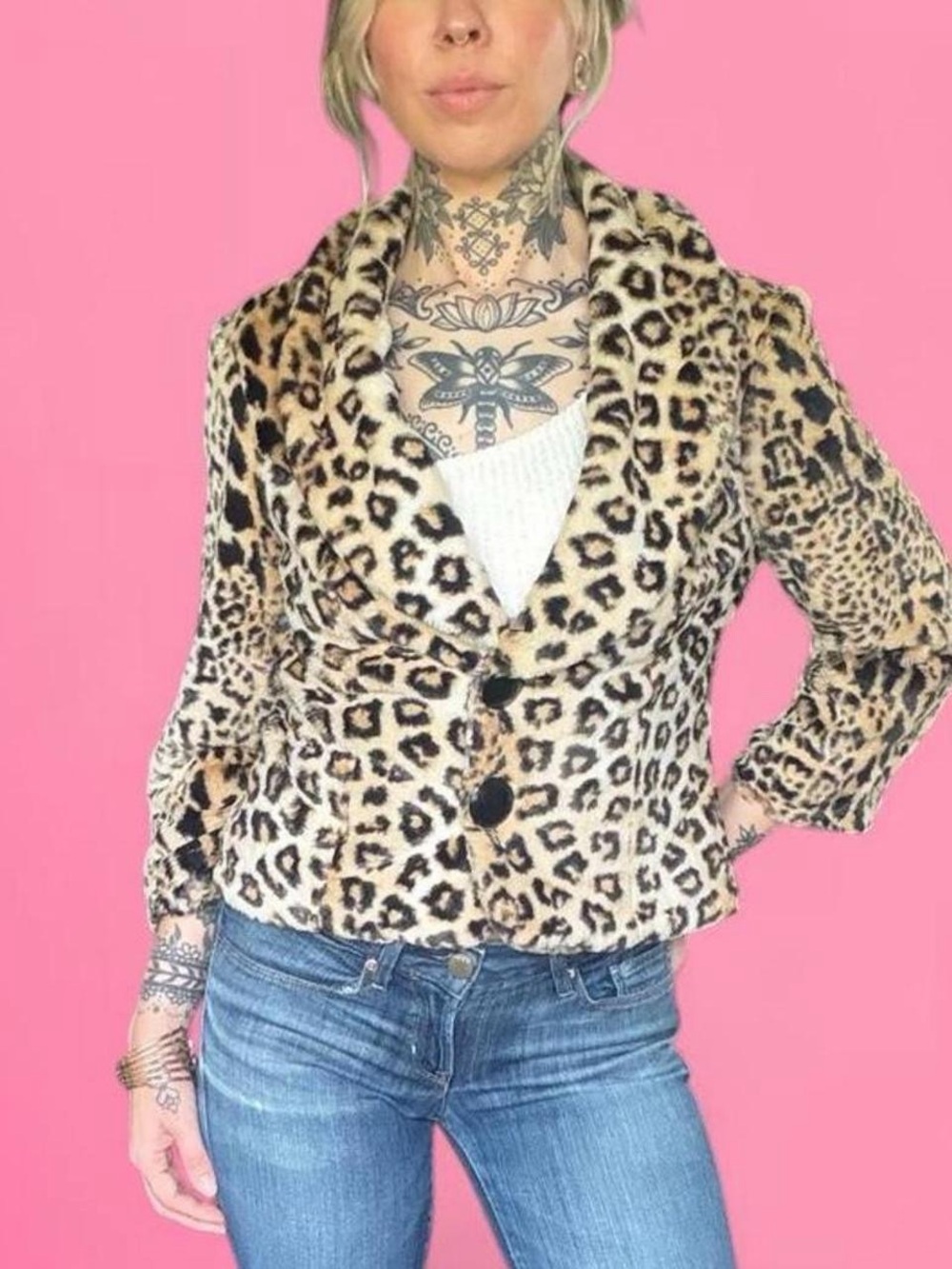 vintage y2k leopard print faux fur jacket